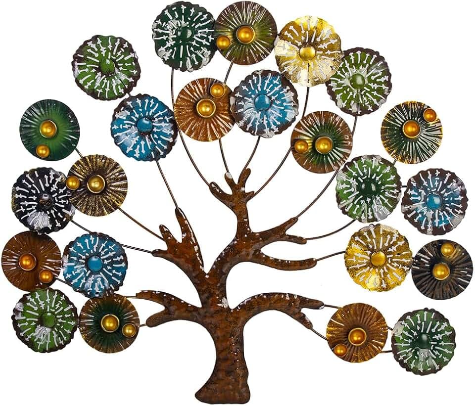 dreamskip Metal Wall Art Modern Large Tree of Life Wall Art with Multi Colored Leaves Handcrafted Outdoor Wall Decor Wall Sculpture for Living Room, Bedroom, Home, Garden (24.5 Inches)