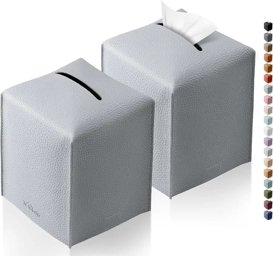 Tissue Box Cover, Tclouda, Modern PU Leather Square Tissue Box Holder for Creative Decorative, 2 Pack, Ideal for Bathrooms/Office/Car/Nightstand/Outdoor Tent/Dining Table, 5"X5"X5", Double Gray