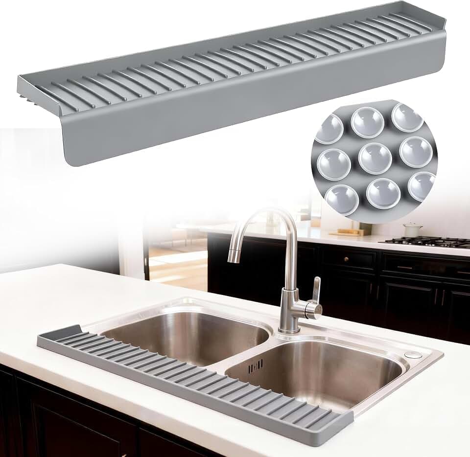 Silicone Sink Edge Protector Splash Guard, 30x4 Inch with Suction Cups & 5°Tilt, Cuttable for Kitchen Bathroom Countertops, Granite Quartz Surfaces (Gray)