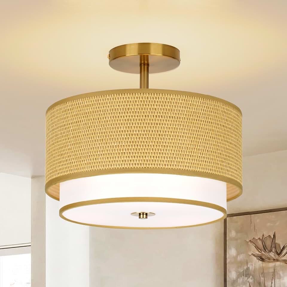 Vexagyle Boho Light Fixtures Woven Rattan-Style Flush Mount Ceiling Light, 12.6inch Closed to Ceiling Light Fixture with 2-Tier Drum Design for Bedrooms, Kitchen, Dining Room, Hallway