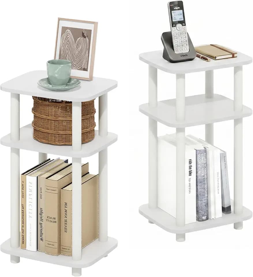 Furinno JUST 3-Tier Telephone Table Set of 2, Turn-N-Tube Toolless Side Table with Open Shelf, Round Curve Corner Night Stand, Bedside Table, for Living Room, Bedroom, White