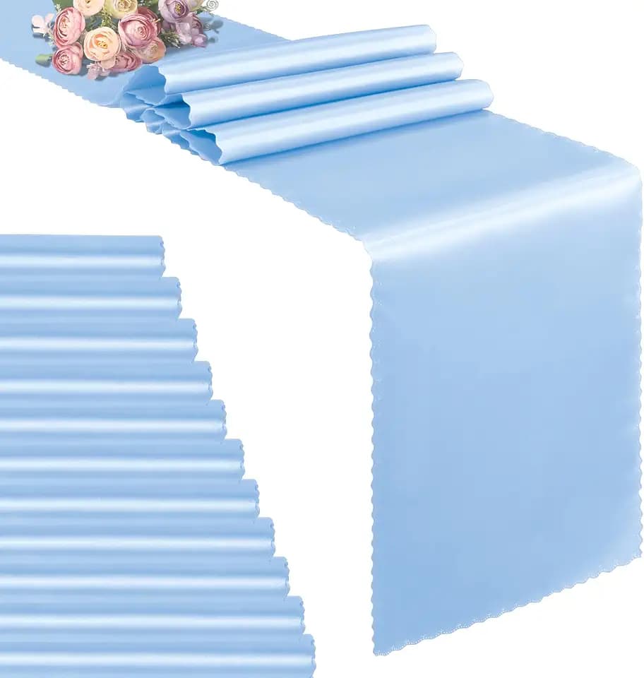VACVELT Light Blue Satin Table Runners, 12x72 Inch, 12 Pack, Scalloped Edge
