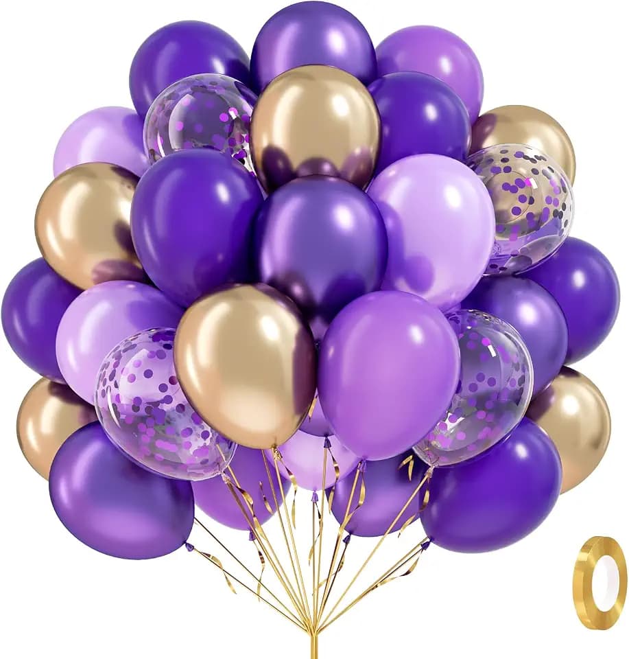 60pcs 12inch Purple and Gold Balloons with Metallic Gold Confetti Balloons