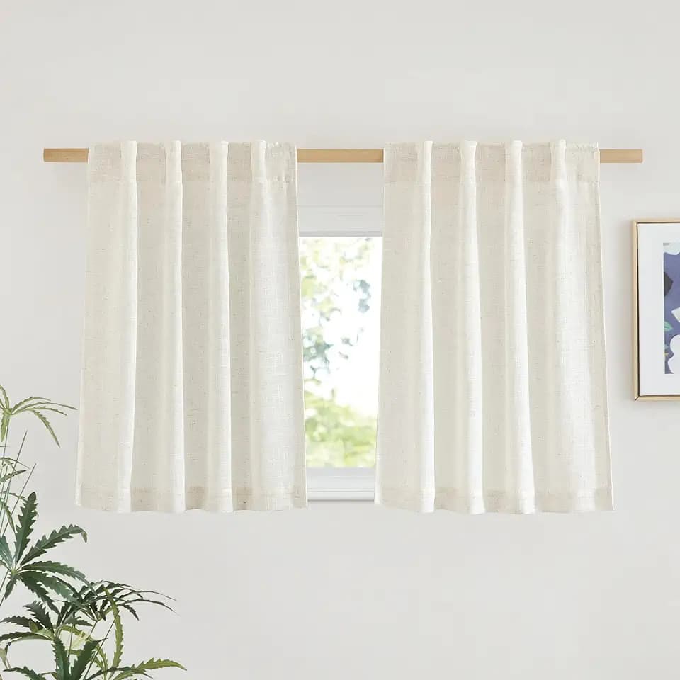 NICETOWN Natural Linen Kitchen Curtains 26 inches Long, Rod Pocket & Back Tab Semi Sheer Flax Window Treatments Rustic & Cute for Cafe/Kids Room, W37 x L26, 2 Panels