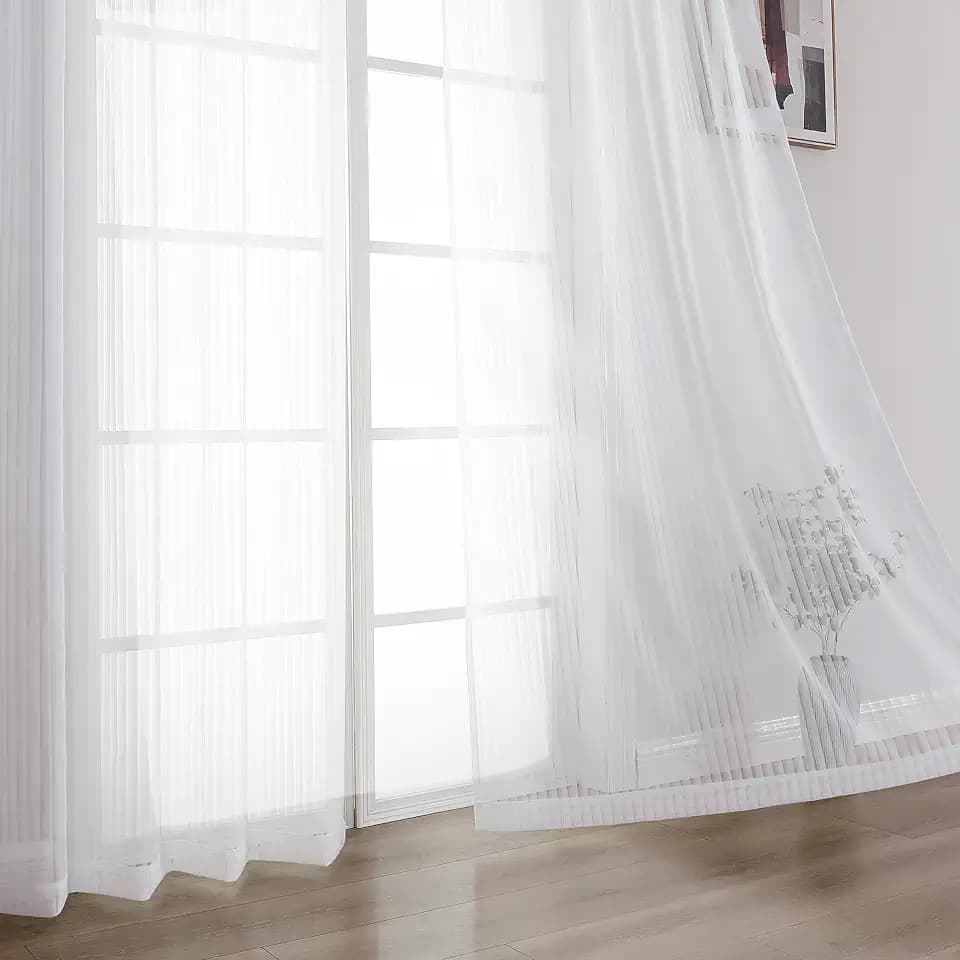 OWENIE White Semi Sheer Curtains - 96 Inches Long 2 Panels Set for Living Room Bedroom, Vertical Striped Textured Modern Sheer, Light Filtering Soft Airy Rod Pocket Drapes, 2 Pcs Each 52" W x 96" L