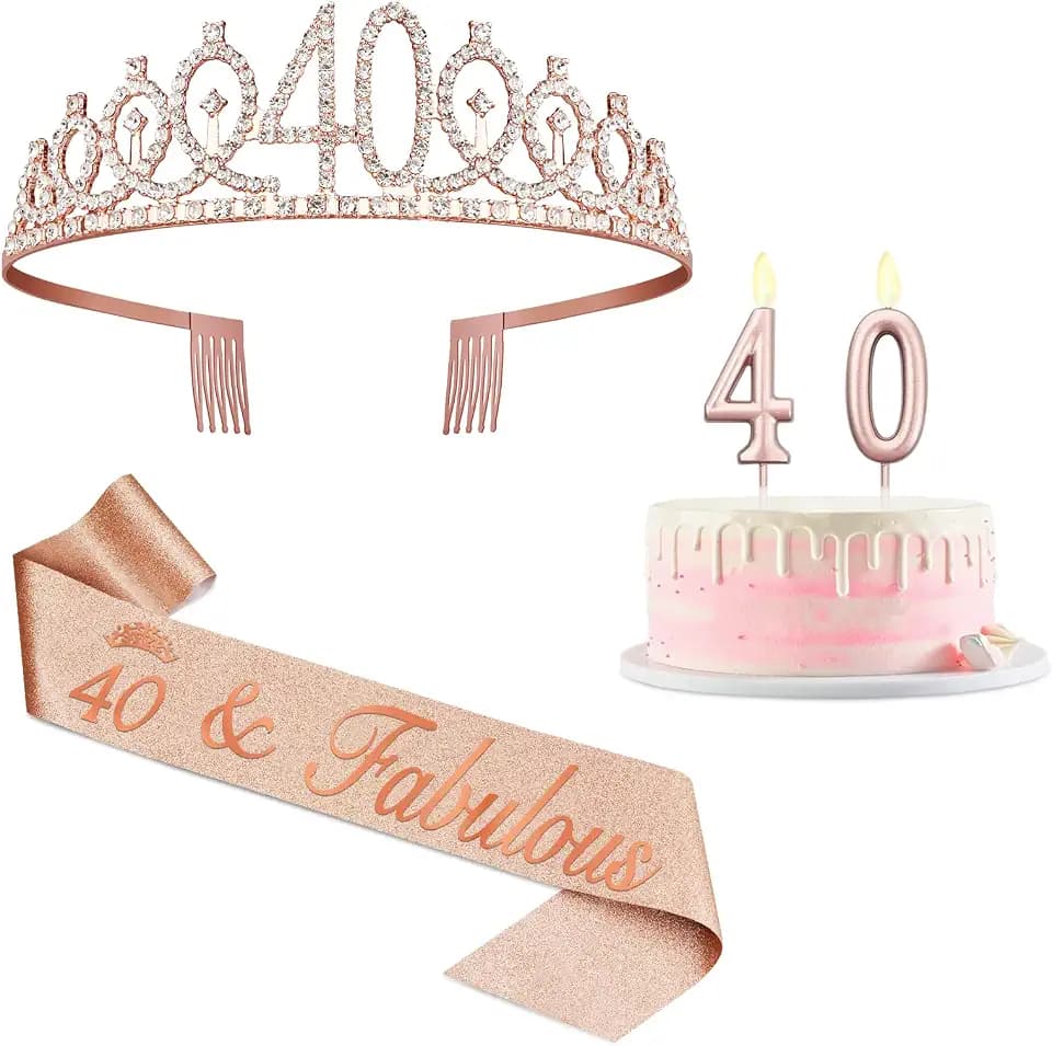 40th Birthday Decoration for Women Rose Gold Tiara Sash Candle