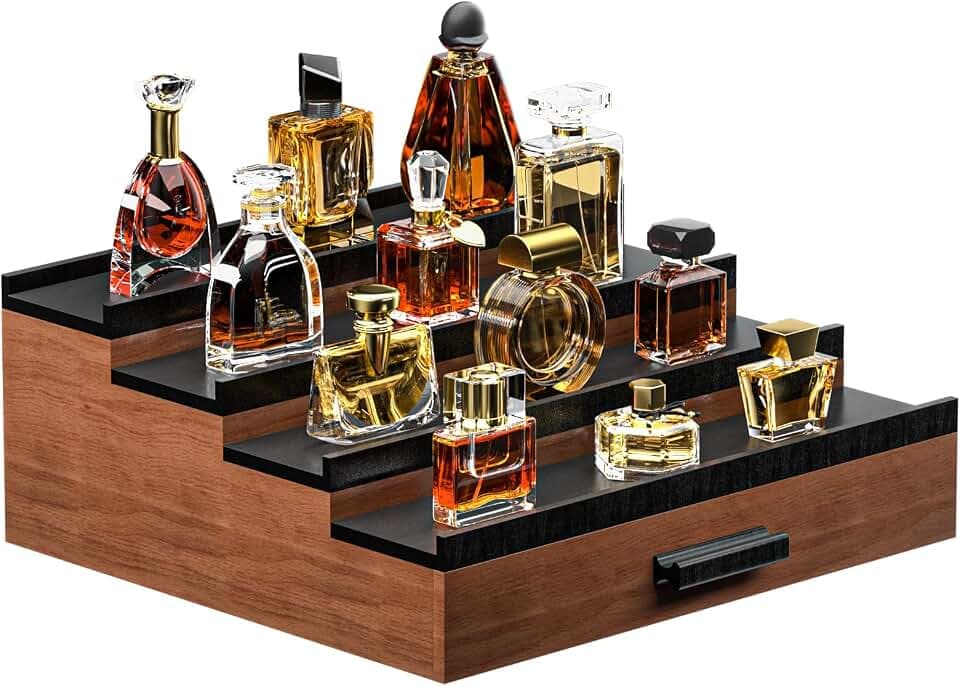 Vdamu Cologne Organizer for Men,4 Tier of Elevated Cologne Display Stand with Drawer Storage,Ladder Cologne Display,Perfume Organizer and Storage Display Risers,Great Gift for Men (Walnut Black)