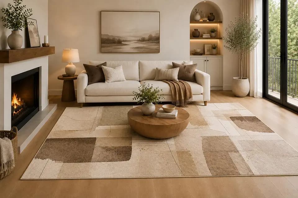 ICE ARMOR 6'7" x 9'10" Beige, Taupe and Brown Neutral Geometric Blocks Area Rug for Living Room, Soft Low Pile with Non-Slip Backing, Bedroom, Dining Area and Office Decor