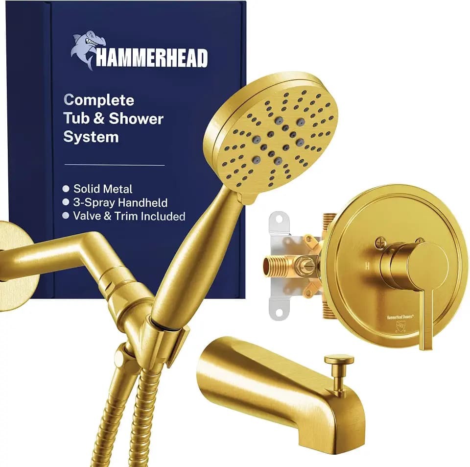 HammerHead® Solid Metal Tub Shower Faucet Set with Valve, Trim, Handheld Shower Head, 7" Arm, 72" Hose and Spout – Bathtub Faucet Set for Bathroom Remodel, Complete Shower Tub System - Brushed Gold
