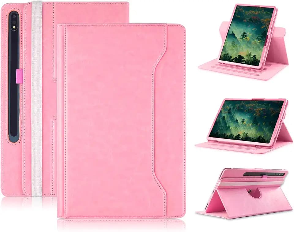 Hülle Kompatibel mit Tablet Samsung Galaxy Tab S9 FE Plus S9 Plus S8 Plus S7 FE S7 Plus 12.4 Zoll, Schutzhülle 360° Drehbarer Ständer PU-Leder für Galaxy Tab S9 FE+ S9 + S8+ S7+12.4,Rosa