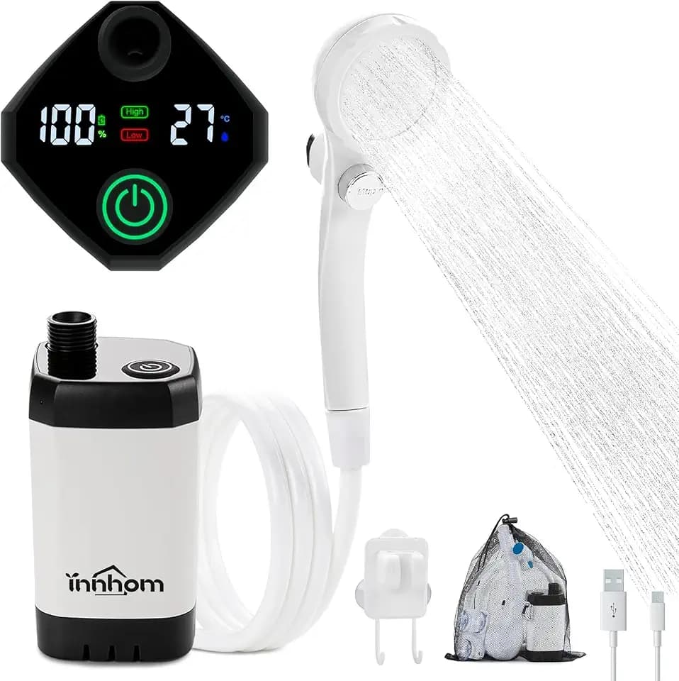 innhom Portable Camping Shower, 6000mAh Rechargeable Camp Shower Pump with LED Display, IPX7 Waterproof & 2 Spray Modes Electric Outdoor Shower for Hiking, Pet Bathing, Car Washing