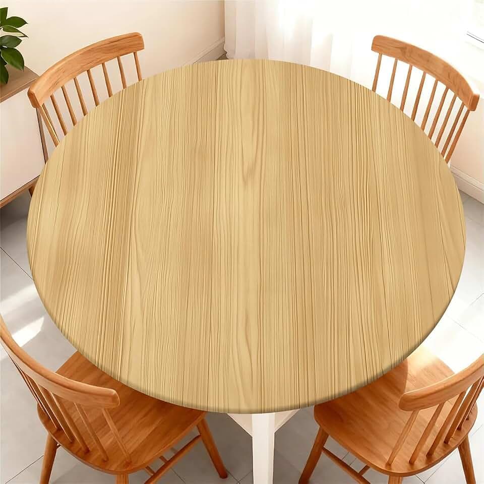 Elastic Tablecloth for Round Tables, Waterproof Tablecover for Up to 37"-44" Round Table, Dining Tablecover for Indoor and Outdoor, Holiday, Light Brown Wood