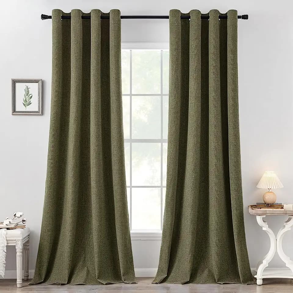MIULEE 100% Blackout Linen Curtains for Bedroom 52x108 Light Olive Green