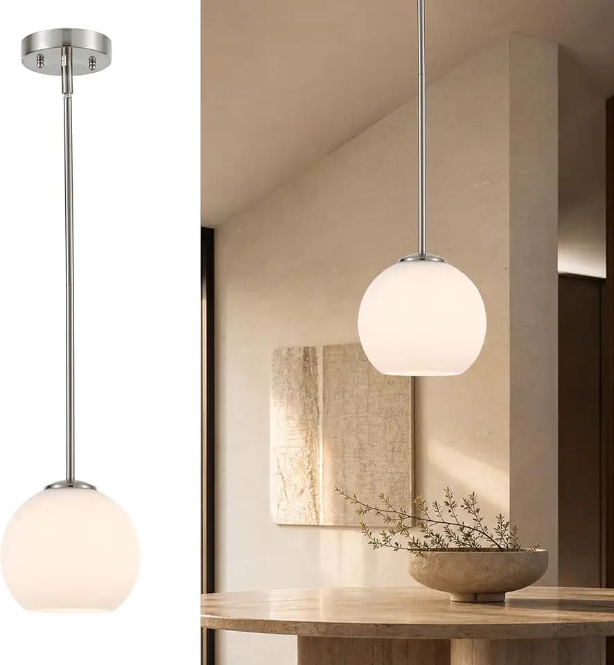 BTP Brushed Nickel Pendant Lights Kitchen Island, Milk Glass Pendant Light Fixture with Frosted Globe Shade, Adjustable Height Modern Hanging Light, E26, Sloped Ceiling Compatible for Dining Room