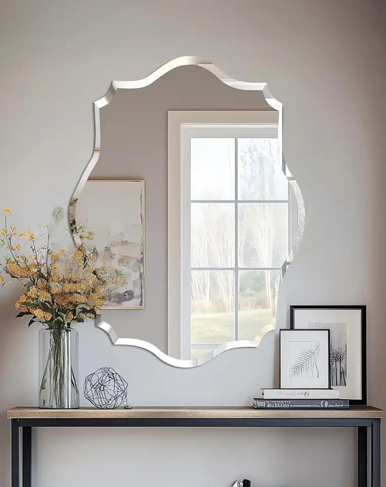 Frameless Scalloped Wall Mirror: Modern Glass Mirror 27.6x19.7 inch