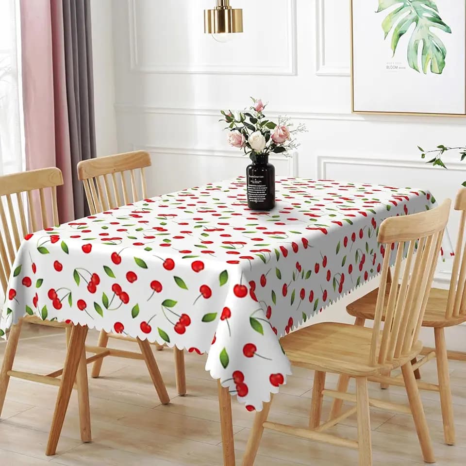 60x102inches Fruit Rectangle Tablecloth Red Cherry Fresh Berry Fruit Green Leaves Sweet Summer Table Cloth Waterproof and Stain Resistant Table Cover for Kitchen Dining Room Patio Home Decor