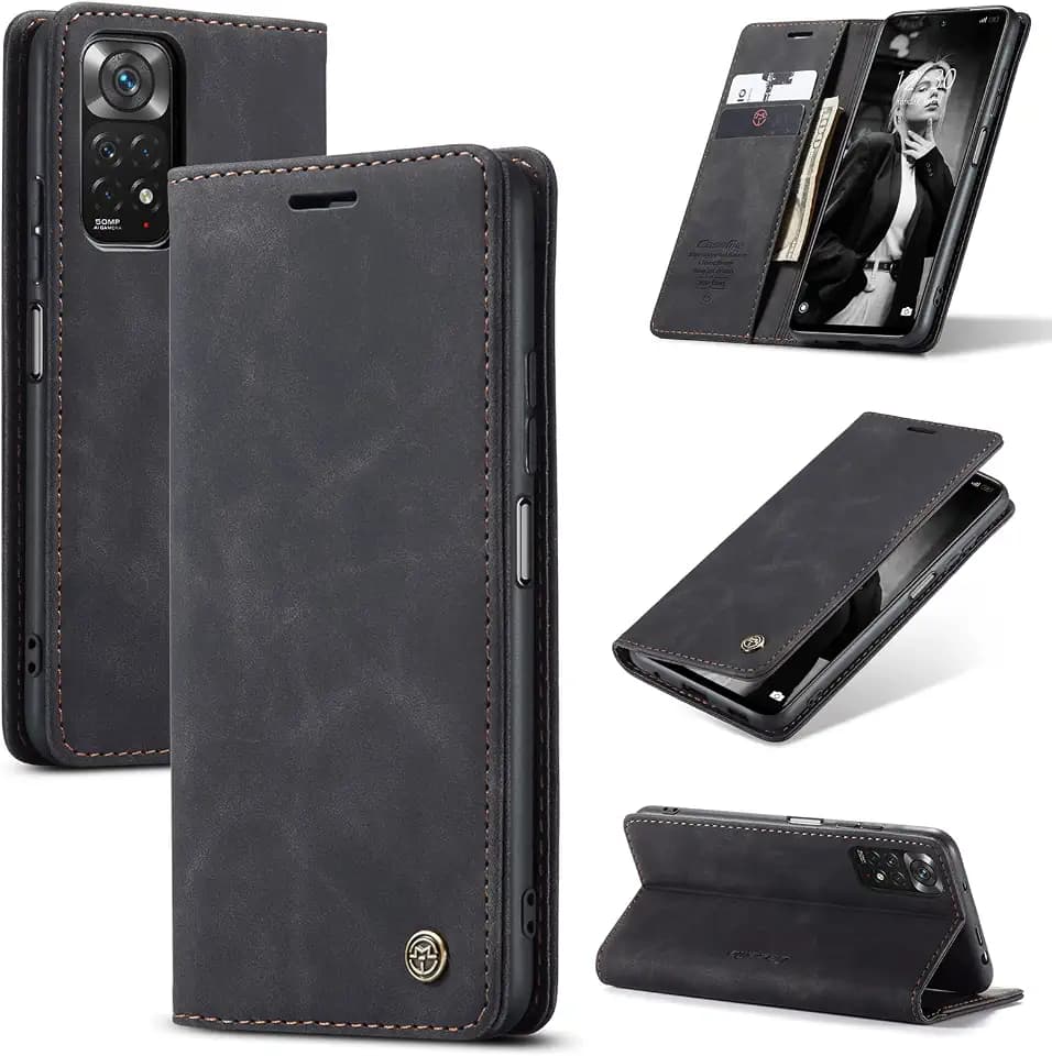 Handyhülle für hülle Xiaomi Redmi Note 11 4G/11s/12s 4G Hülle, Premium Lederhülle Weiches Vintage-Nubukleder Faltbare Ständer Klapphülle für Redmi Note 11 4G/11s/12s 4G -Schwarz