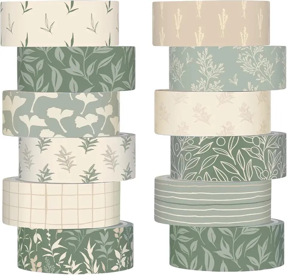 12 Rolls Floral Washi Tape Set,Sage Green,Leaves