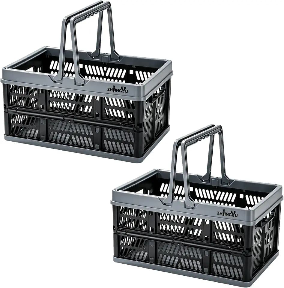 Small Plastic Baskets Black,Pack-2 Plastic baskets for organizing,collapsible shopping basket,foldable crate with Handles,collapsible storage crate,car basket,for Kitchen,Bathroom,Medicine