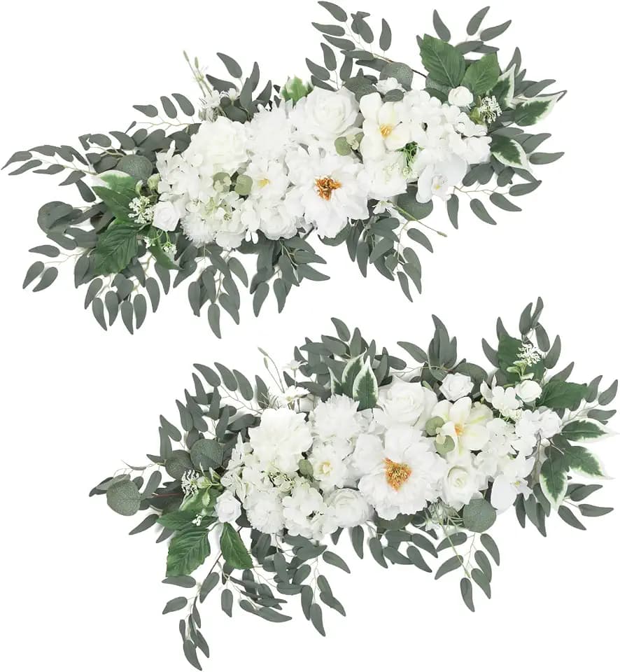 TINGE TIME Flower Garlands, 2 PCS Artificial Eucalyptus Garlands, Handcraft Artificial Rose Garland for Arch Wedding Sweetheart Table Ceremony Backdrop Decorations for Home (IvoryWhite)