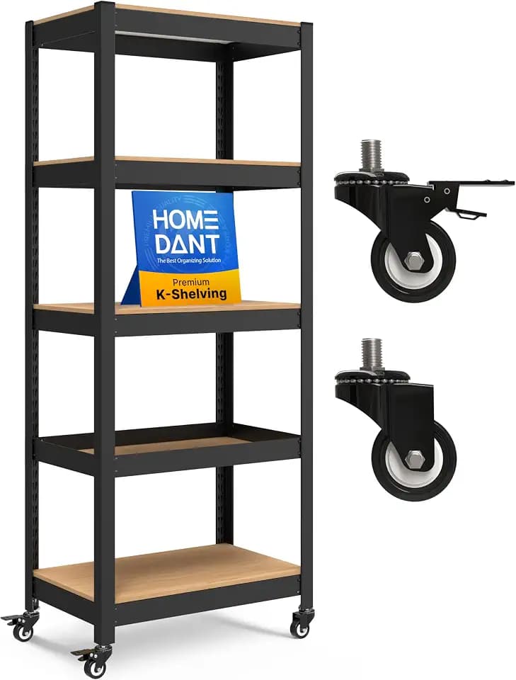 HOMEDANT House Black 24.4" W 5 Tier Rolling Storage Shelves Metal Cart