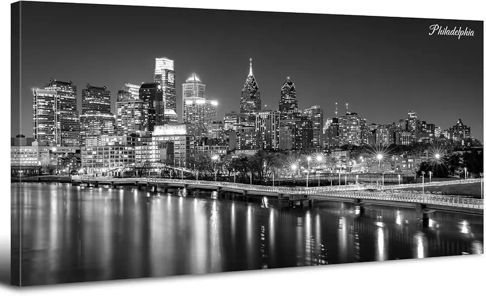 Philadelphia Wall Art Black and White Skyline Canvas Prints Bedroom Decor Philly City Landscape Pictures Modern Aesthetic Cityscape Paintings Poster Downtown Panoramic Artwork for Home Decorations 30x60"