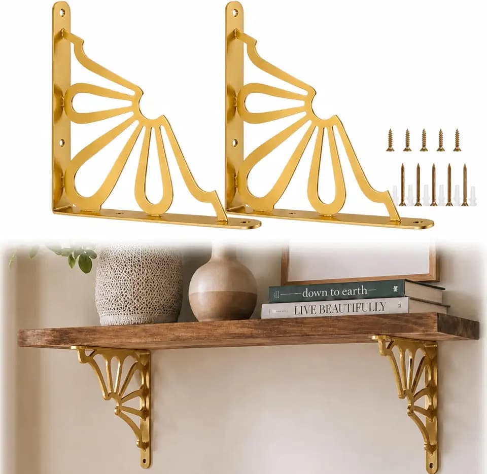 Lounsweer 2 Pcs 8inch Decorative Shelf Bracket Gold Floating Heavy Duty