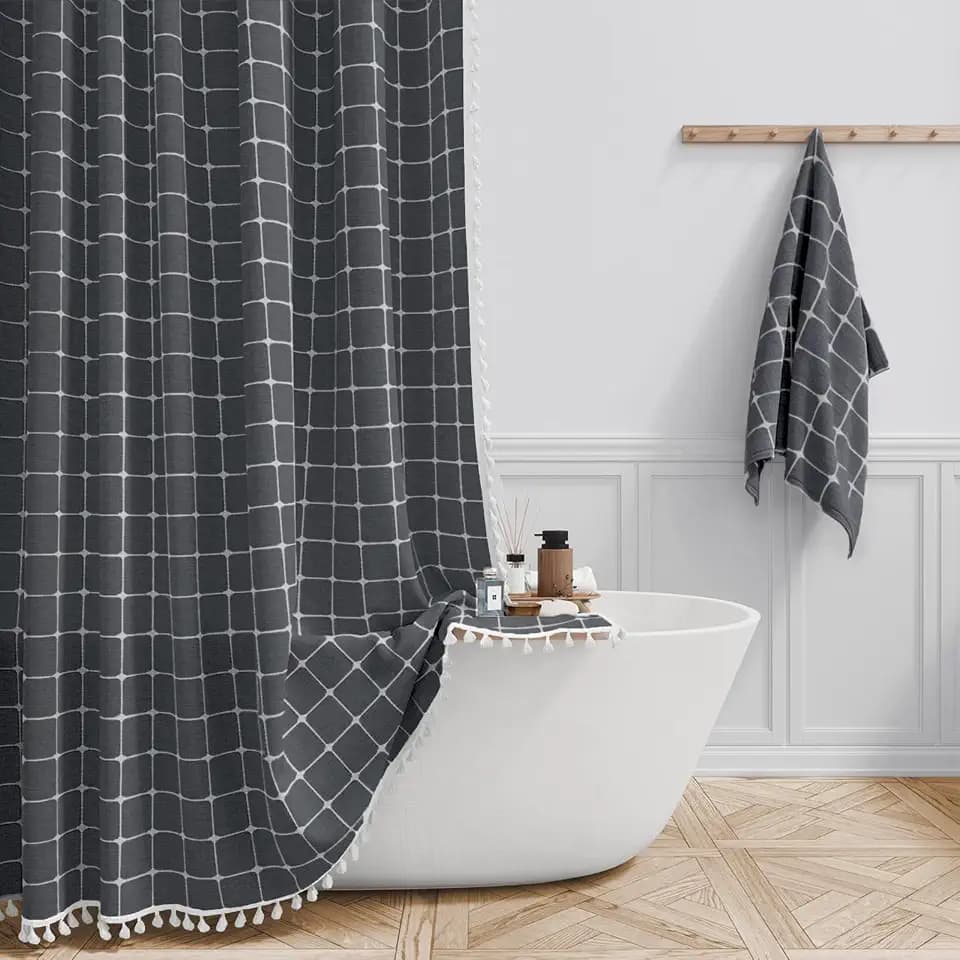 BTTN 60x72 Boho Linen Heavy Duty Fabric Shower Curtain Set, Charcoal Gray