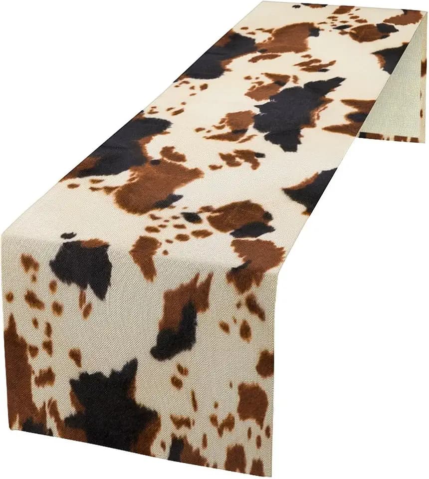 Vintage Cow Skin Print Table Runner, Rustic Cottage Country Farmhouse Western Style Cowboy Brown Cowhide Print Dinner Runner for Home Kitchen Dining Table Party Holiday Decor 13"x36"
