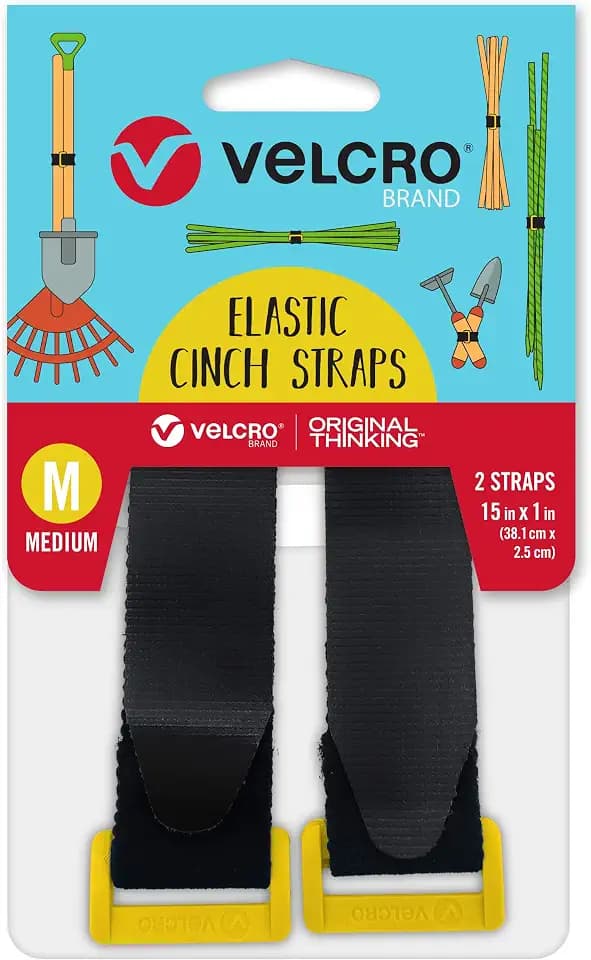 VELCRO Brand Garden Series Elastic Straps | Versatile Ties to Bundle Stakes, Tool Handles, Wrap Fencing, Camping Gear or Supplies | Adjustable and Stretch for Snug Fit | Black, 2ct, 15" x 1"