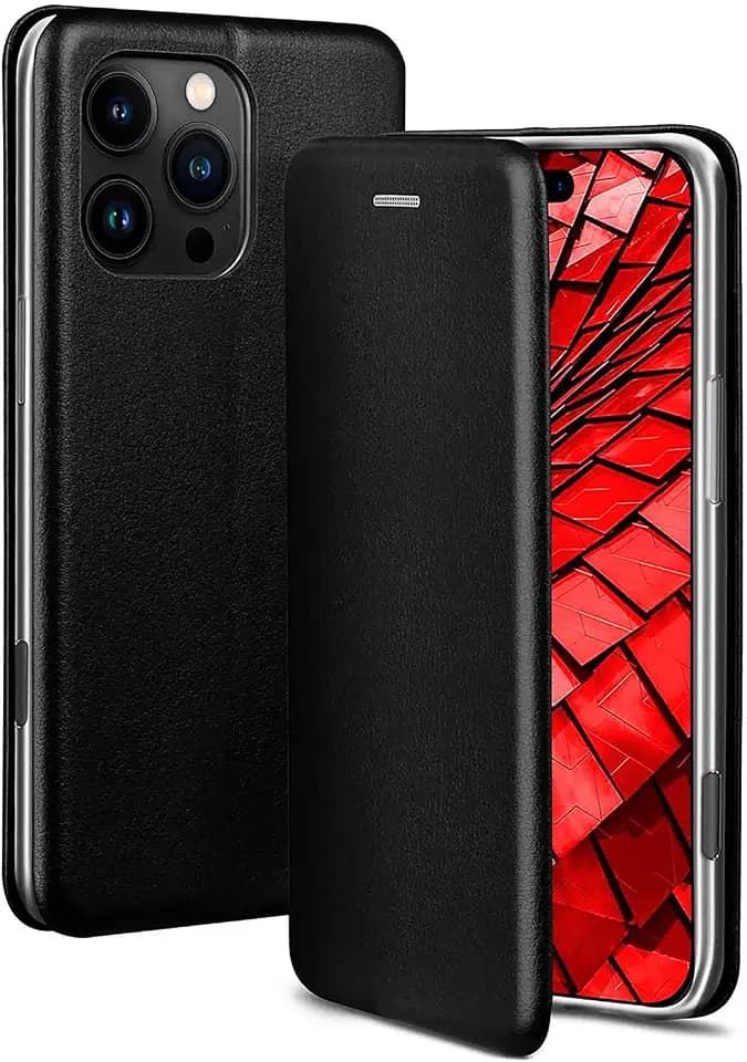 ONEFLOW Business Case für iPhone 16 Pro Handyhülle klappbar mit Standfunktion, Klapphülle Flipcase Cover Dünn, PU Leder Hülle mit Kartenfach, 360 Grad Schutzhülle, Schwarz