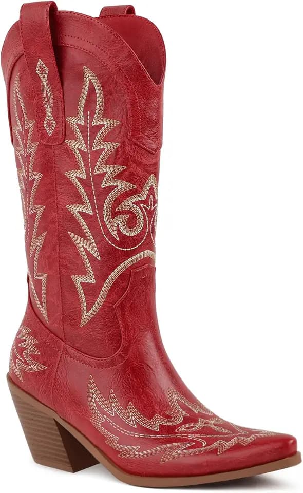 Western Cowboy Boots for Women Square Toe Wide Calf Cowgirl Boots Pointed Toe Mid Calf Chunky Heel Embroidery Boots Western Shoes