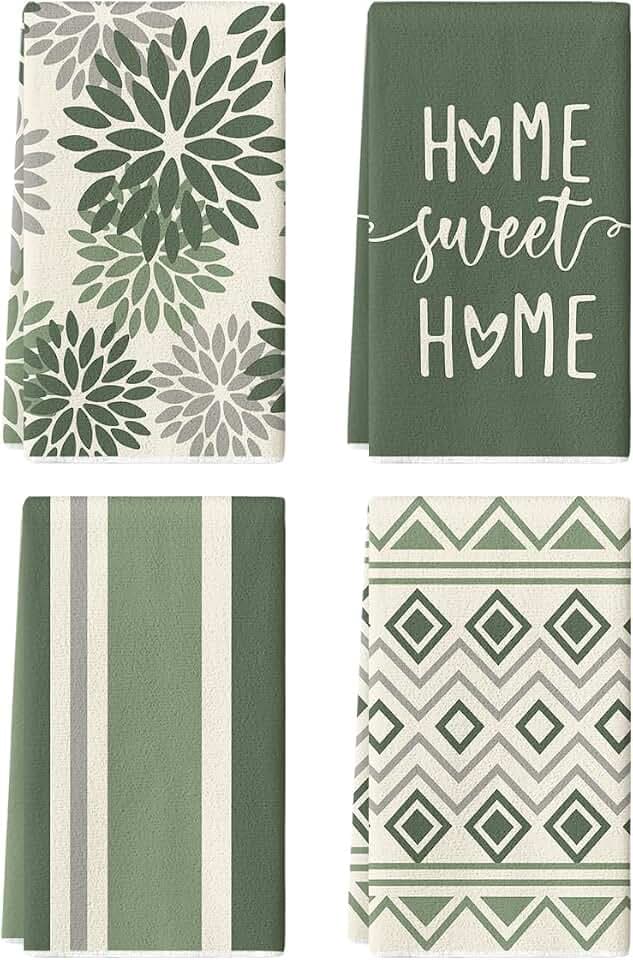 Artoid Mode Light Green Stripes Home Sweet Home Boho Spring Kitchen Towels Dish Towels, 18x26 Inch Farmhouse Decoration Cleaning Set of 4
