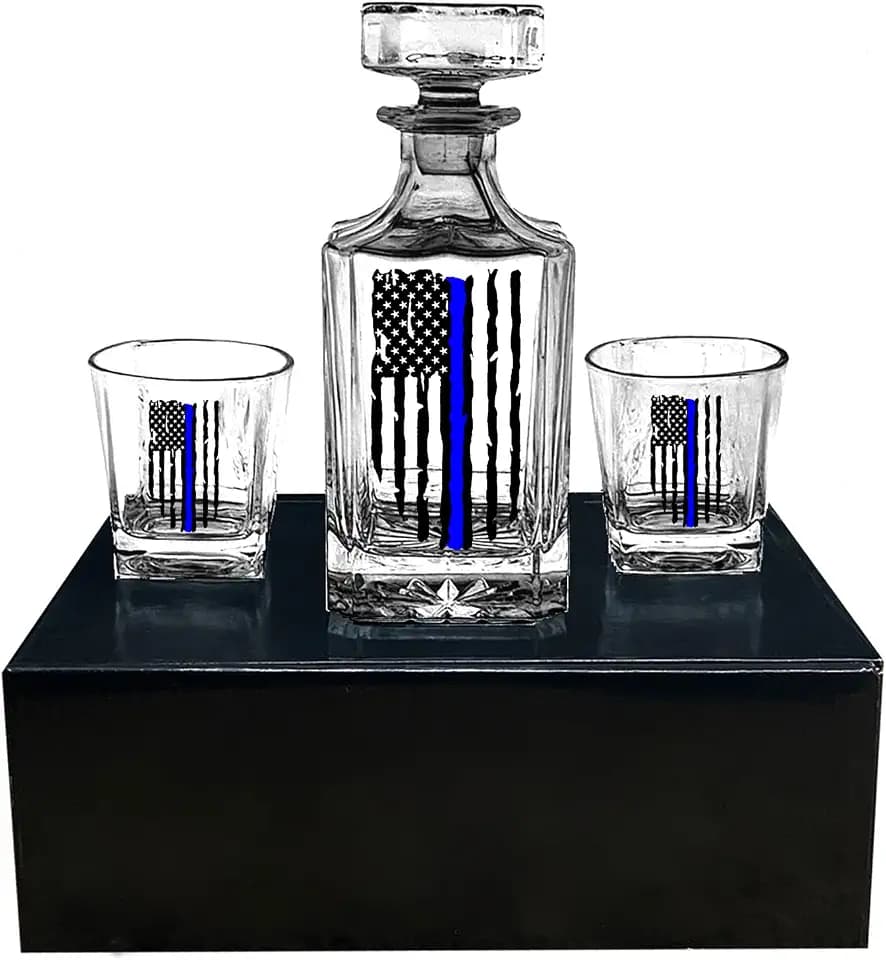 Rogue River Tactical Blue Line Tattered Flag Police Officer Whiskey Decanter Gift Set With 2 Glasses Custom Gift For Men Dad Father's Day PD Police Officer