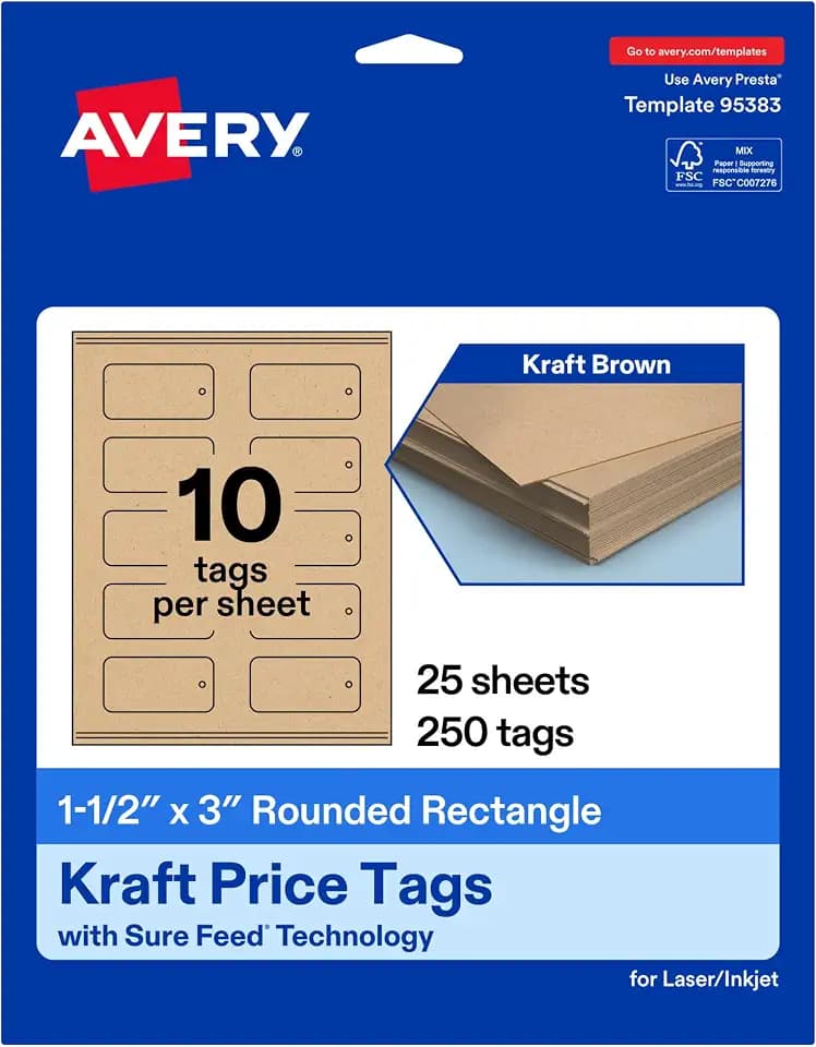 Avery® Printable Rounded Rectangle Price Tags, Sure Feed® Technology, 1-1/2" x 3", Matte Kraft Brown Cardstock, Print-to-The-Edge, Laser/Inkjet Printable, 250 Total