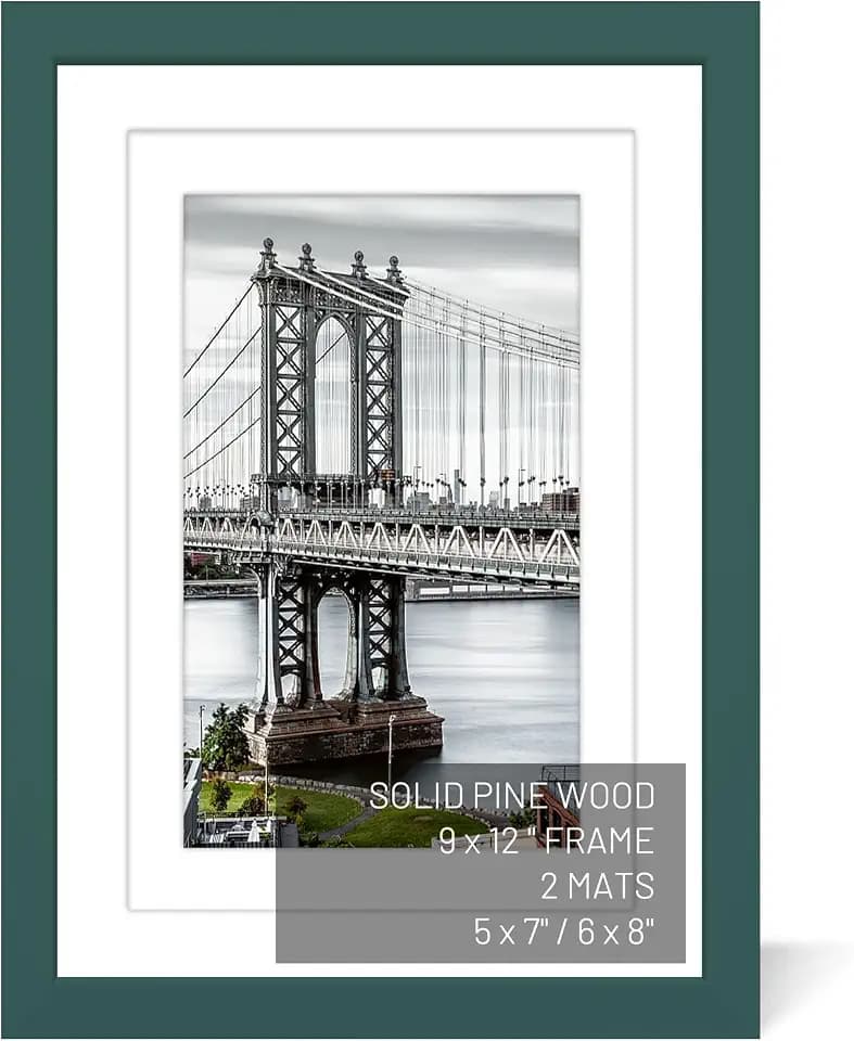 9x12 Picture Frames Solid Wood Display Pictures 6x8 or 5x7 with Mat or 9x12 Frame without Mat Poster Photo Frame Art with 2 Mats for Wall Mounting or Table Top(Dark Green)