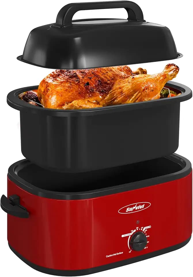 Sunvivi 22 Quart Electric Roaster Oven Turkey Roaster with Lid Electric Roasters with Removable Pan Large Roaster,Visible & Self-basting Lid, Fast Heating & Thaw/warming Setting,Red