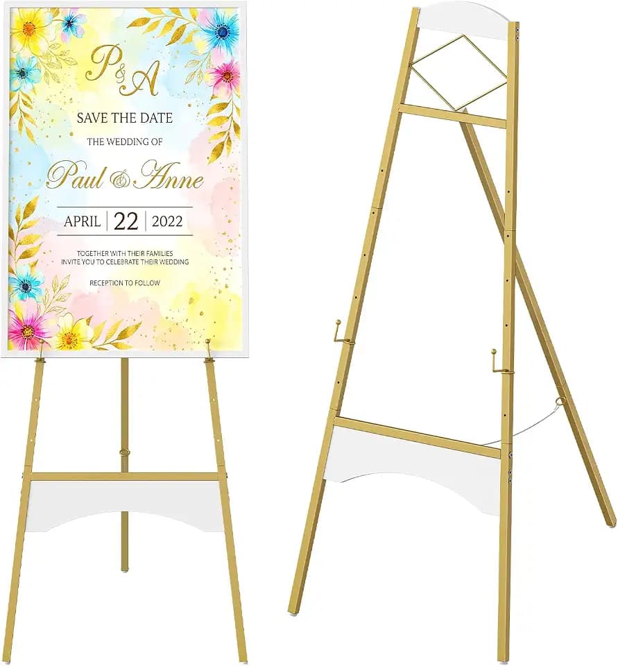 CHOEZON 43" Gold Easel Stand for Sign, Display Easel with 6 Adjustable Height Levels, Metal Art Easel, Poster Stand for Painting, Wedding Welcome Signs Holder, Gold and White TCJ26JW