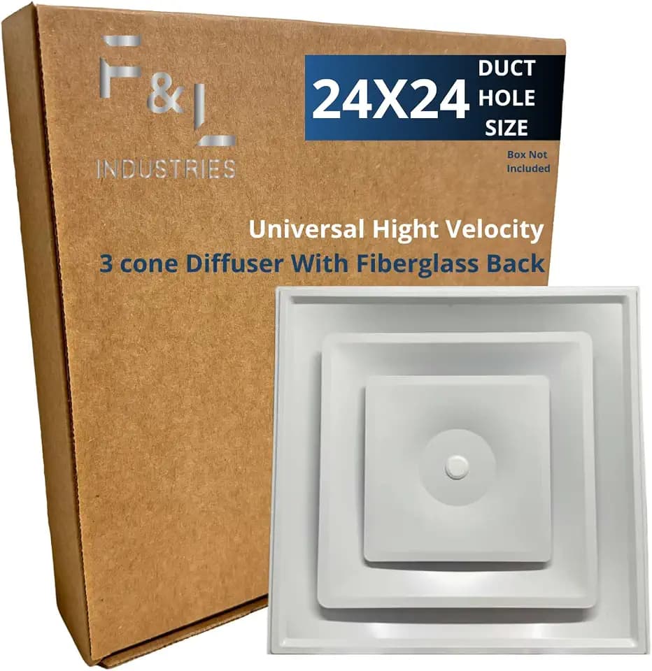 F&L 24” x 24” Ceiling Square Diffuser with 3-Cone Fixed Air Pattern, White Powder Coated Steel, Commercial HVAC Supply Vent Cover for Drop Ceiling T-Bar Systems, High Airflow Distribution Panel