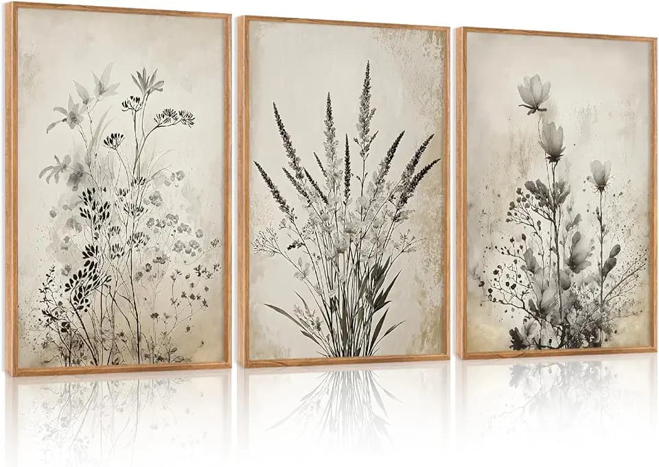 HOURIA 3Pcs Large Vintage Black White Botanical Floral Framed Canvas Wall Art Set(16"x24"),Retro Farmhouse Wildflower Wall Decor Rustic Minimalist Plant Flower Art Prints for Living Room Bedroom Office