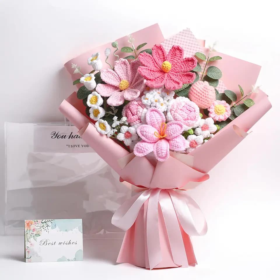 Crochet Flower Bouquet Premium Edition, Handmade Knitted Faux Crochet Flowers for Home Decor Valentine’s Day Anniversary Weddings Birthdays Mother’s Day, Includes Gift Bag and Greeting Card (Rose)