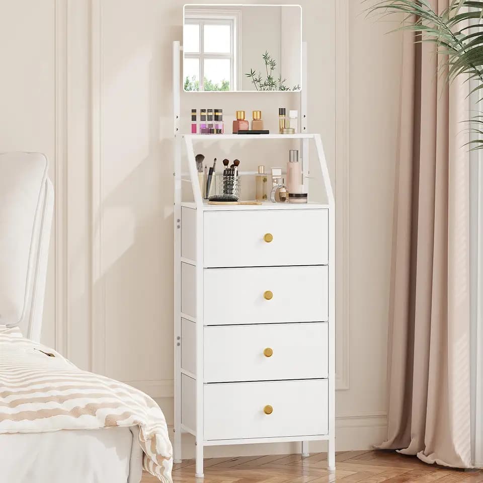 HIGDBFE Vanity Dresser with Mirror&4 Fabric Drawers, White, 15.3" W
