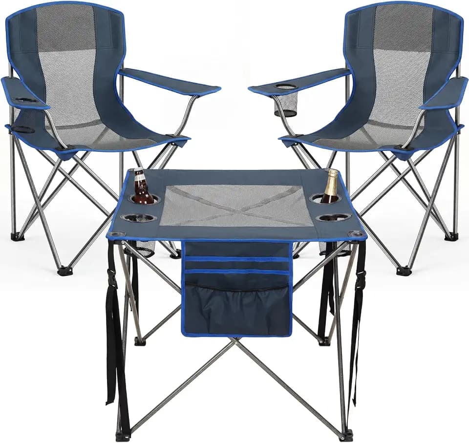 Camping Chair Set of 3,Outdoor Folding Camping Chairs with Cup Holder & Carry Bag for Sports,Hiking,Picnic,Includes Two Foldable,Breathable Camping Chair and a Larger Table Support up to 250lbs