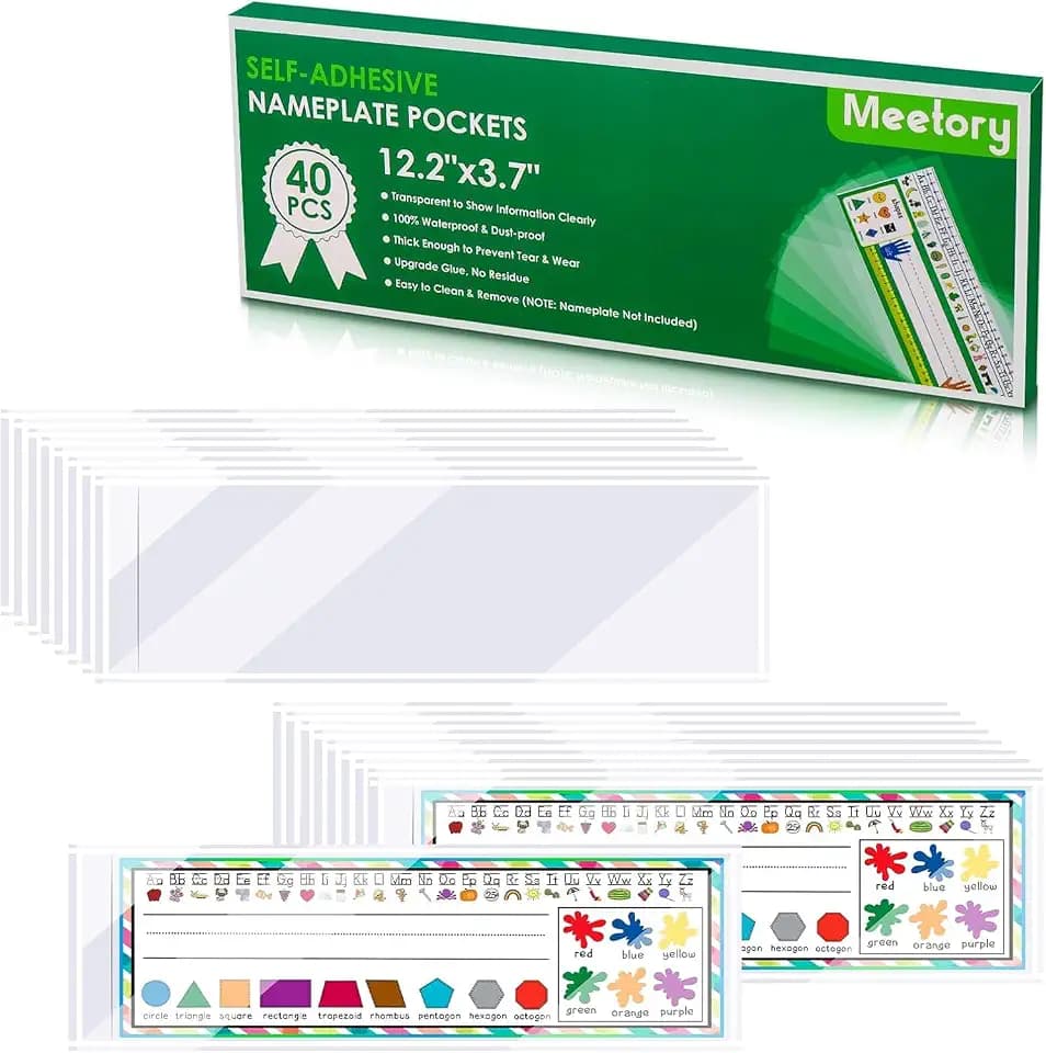 Meetory 40 PCS Upgraded Nameplate Pocket, Self Adhesive Desk Nameplates Name Tag Pocket, No Residue Clear Plastic View Name Tag Sleeves for Classroom Desk, Office Supplies (12.2" x 3.7")