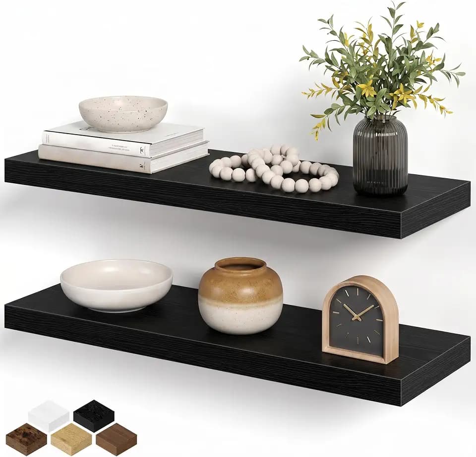 Fun Memories Black Floating Shelves for Wall Set of 2, 28" Black Floating Shelves for Home Decor, Rustic Wood Wall Mounted Shelf, Hanging Deep Shelf for Living Room, Bedroom, Bathroom, Kitchen