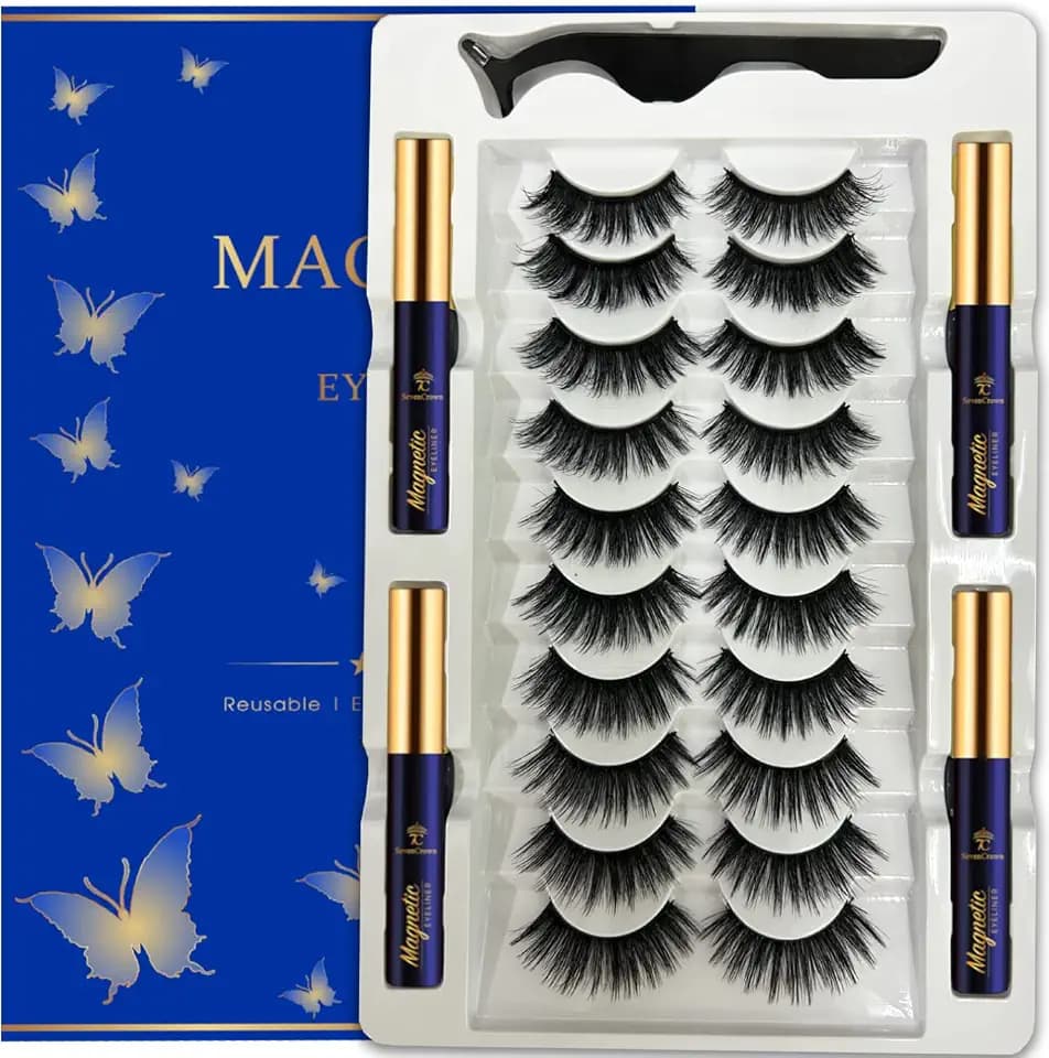 3D Magnetic Eyelashes Cat-Eye Magnetic Lashes with 4 Tubes of Magnetic Eyeliner, Reusable, Waterproof, Cruelty-Free, Black, Faux Mink, 10 Pairs