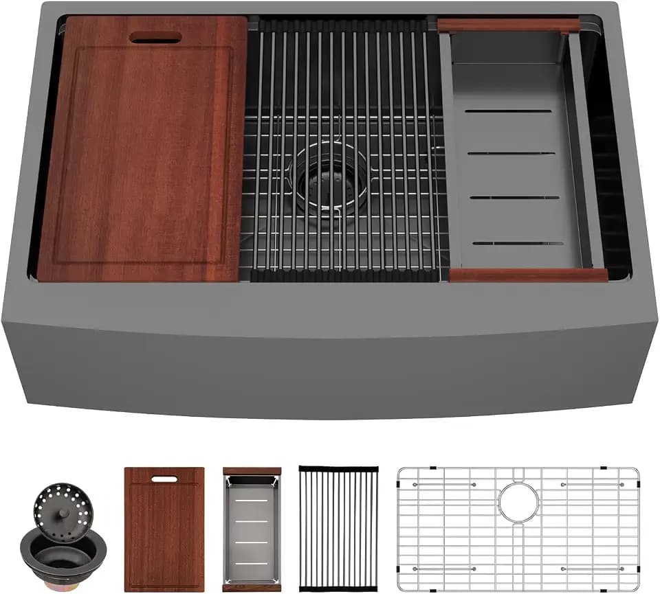 Sarlai 33 Farmhouse Sink Black Stainless Steel - 33 Inch Apron Front Kitchen Sink Ledge Workstation Gunmetal Black 16 Gauge Stainless Steel Deep Single Bowl Farm Sinks