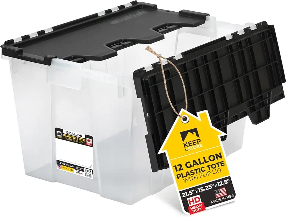 12 Gallon Heavy Duty Plastic Storage Tote with Flip Lid 21.5"×15.25"× 12.5"