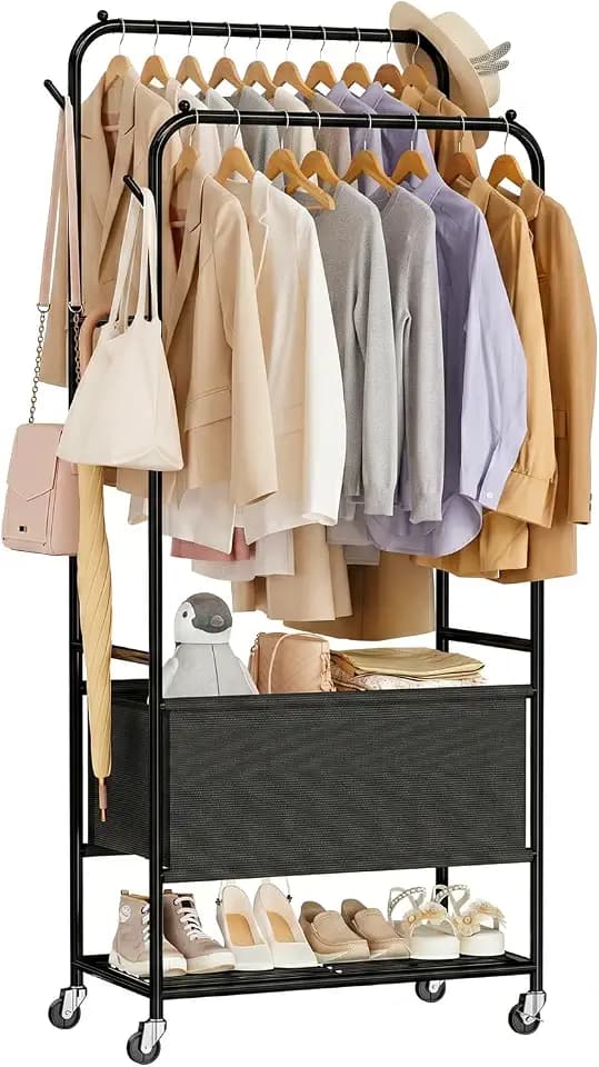 Laundry Cart with Wheels and Hanging Rack, Heavy Duty Rolling Clothes Rack with Bottom Basket and Double Rod, Black