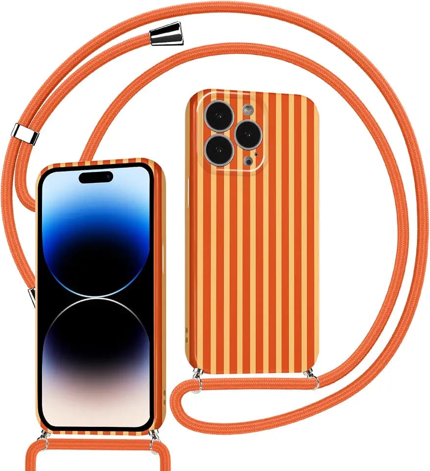 Kueqeay Handyband für iPhone 16 Pro 6,3'' Hülle mit Band Kette, Aesthetic Orange Gestreift Striped Motiv Verstellbarer Halskette Handyhülle mit Kordel zum umhängen Silikon Stoßfest Schutzhülle, 03